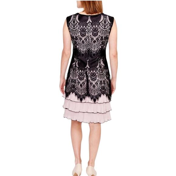 Frank Lyman Knee-Length Dress Lace Overlay Black Cream SZ 4 Luxury LBD Designer - Picture 2 of 9